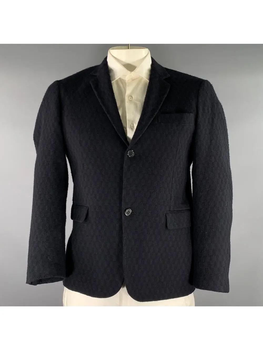 MARNI Chest Size 42 Navy Geometric Wool Notch Lapel Sport Coat